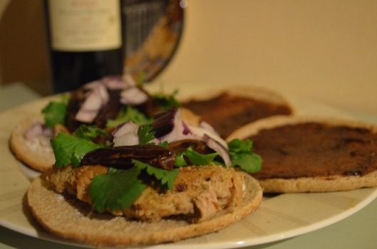 Chipotle turkey burger with goat cheese, cilantro, red onion, chocolate fig spread and dates