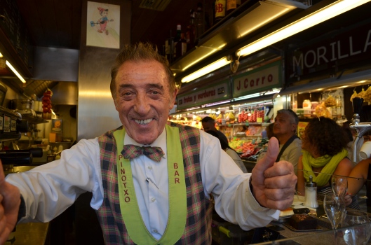 Juan Bayen, owner of Bar Pinotxo giving us his signature thumbs up in Mercat De La Boqueria, Barcelona 